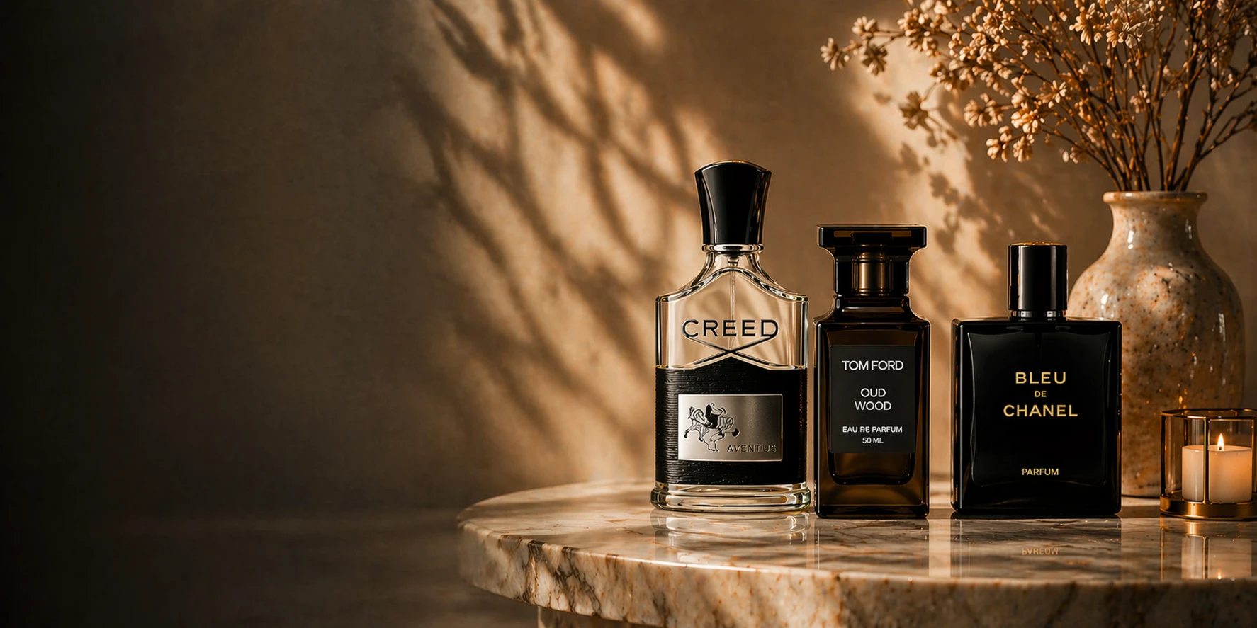 Creed, Tom Ford Oud Wood and Bleu de Chanel in warm candlelight