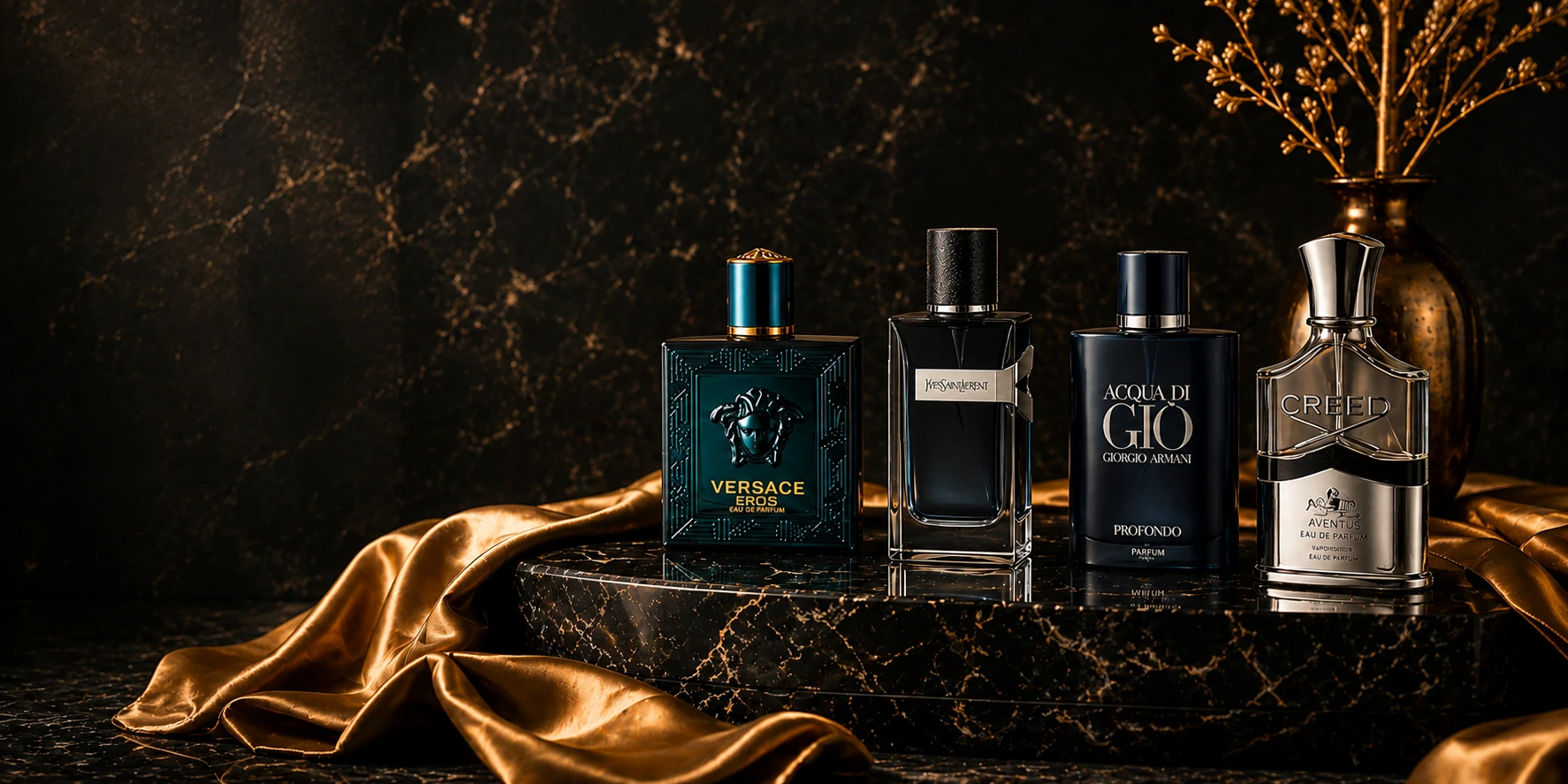 Versace Eros, Acqua di Gio and Creed Aventus on black marble
